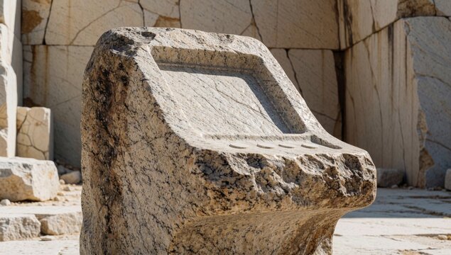 Close-up stone bench seat made light-colored rough texture appears weathered aged has rectangular shape flat t