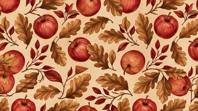 Seamless pattern with a beige background. it features a repeating design of red apples and brown leaves. the apples are arranged in a repeating pattern, with some overlapping each other.