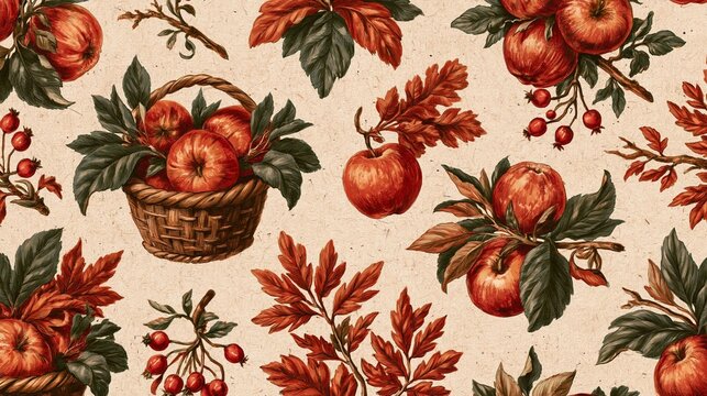 Seamless pattern with a beige background. it features a basket of red apples with green leaves and red berries. the apples are arranged in a repeating pattern, with some overlapping each other.