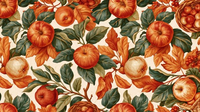 Seamless pattern with a repeating design of apples and leaves. the apples are red and appear to be ripe, with some of them still attached to the stems. the leaves are green and have a glossy texture.