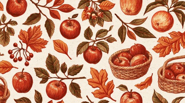 Seamless pattern with a white background. it features a variety of illustrations of apples, leaves, and berries. the apples are in different sizes and colors, including red, orange, and brown.
