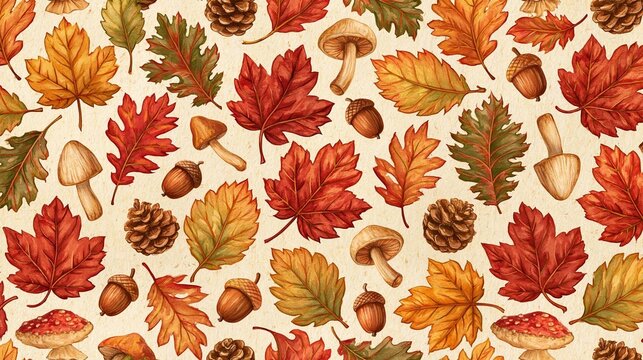 Seamless pattern of autumn leaves and acorns. the leaves are in various shades of red, orange, and yellow, representing the colors of autumn.