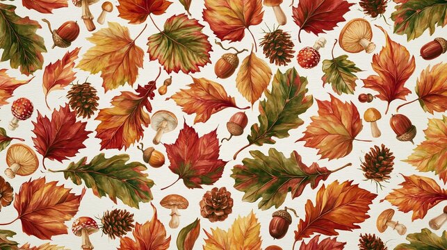 Seamless pattern of autumn leaves and acorns. the leaves are in various shades of red, orange, and yellow, representing the colors of autumn.