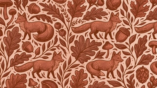Seamless pattern with a repeating design of foxes, leaves, acorns, and mushrooms. the background is a light beige color and the foxes are outlined in a darker shade of brown.