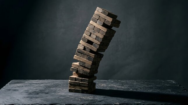 Tilting wooden block tower about to collapse on dark slate surface representing risk management vulnerability business crisis and instability