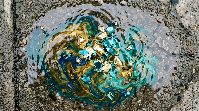 Biodegradable water soluble eco confetti dissolving in puddle water on pavement for eco friendly event planning and zero waste sustainable celebration concepts