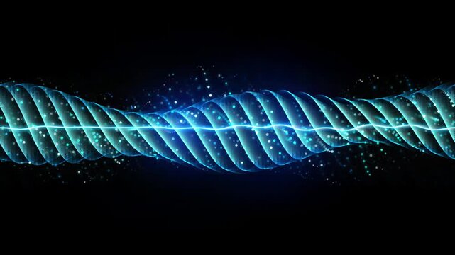 Abstract blue neon spiral wave motion background, with glowing particles, and data flow energy