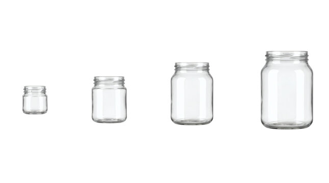 Kitchen packaging, blank clear glass food storage jars mockups isolated on transparent background.