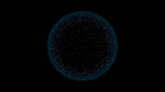 Abstract glowing blue particle sphere rotating in dark space digital background