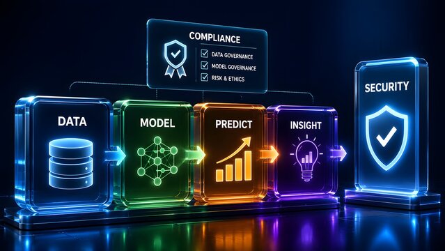 Glowing glass panels displaying an artificial intelligence workflow with data model predict insight security and a compliance governance dashboard