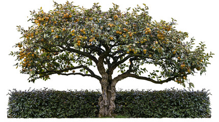 Isolated mature fruit tree with abundant yellow quinces and foliage, standing above a dark hedge © David