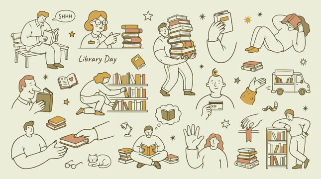 Retro line art library day vector set, diverse people reading books and studying, vintage hand drawn educational illustrations
