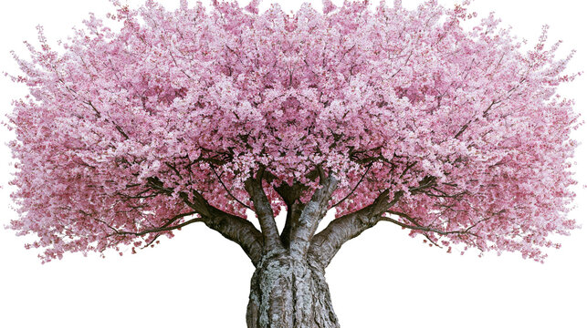 Isolated beautiful pink cherry blossom tree in full bloom, a stunning springtime nature scene.