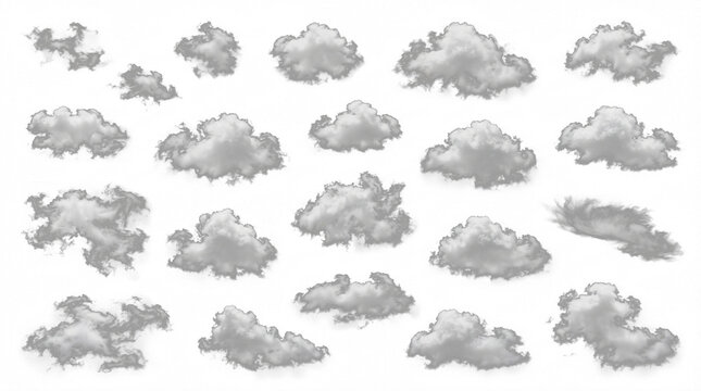 Collection of various white clouds isolated on white background, set of different cumulus clouds for design and photo manipulation