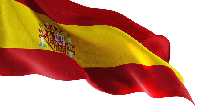 Isolated waving national flag of Spain with vibrant red and yellow colors and coat of arms