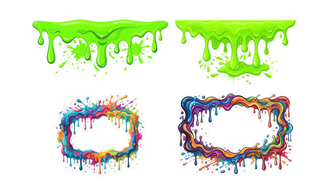 Set of green slime drips and colorful paint splatter frames isolated on white background