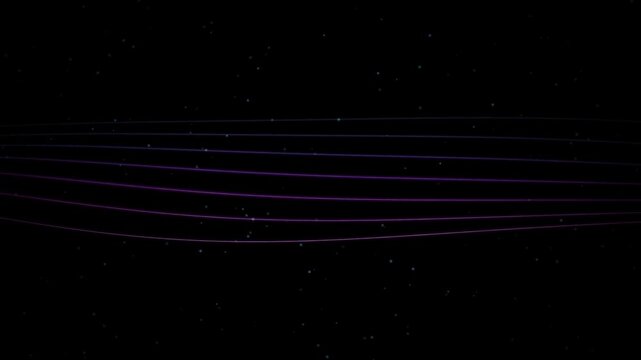 Abstract purple neon wave lines with floating particles on black background motion