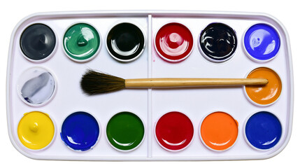 Isolated set of watercolor paints palette with paintbrush for artistic creation and creativity © David