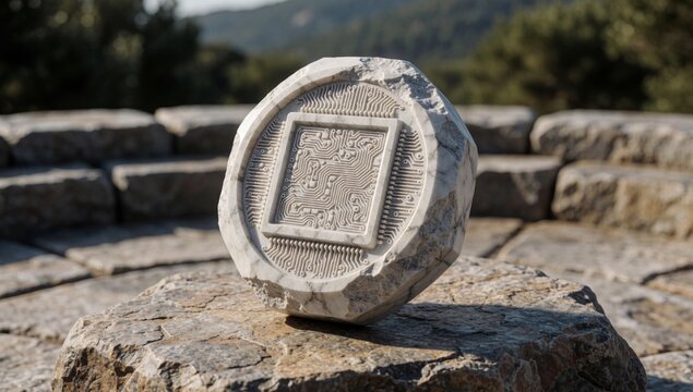 Round stone object circular design appears made light-colored material possibly marble resting large rock intr