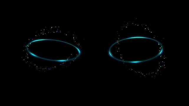 Dual glowing cyan light rings rotating with particle effects on black background