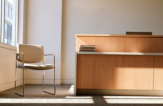 Reception counter with visitor chair and folder stack in legal clinic in Hospitality Service Setting
