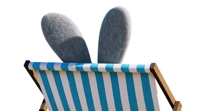 Isolated fluffy gray bunny ears resting on a striped beach chair relaxing during summer vacation