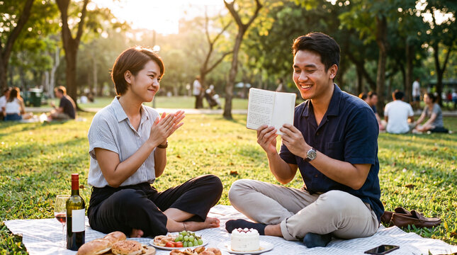 Happy couple celebrating a milestone with a letter during a sunny park picnic