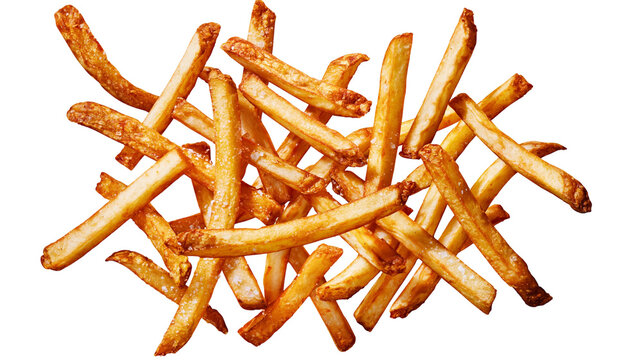 Isolated delicious crispy golden french fries pile, fresh fried salty fast food potato snack
