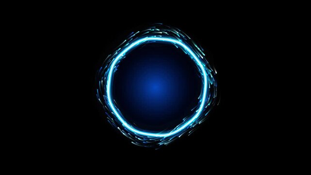 Glowing blue neon energy ring abstract motion background, with particle trails