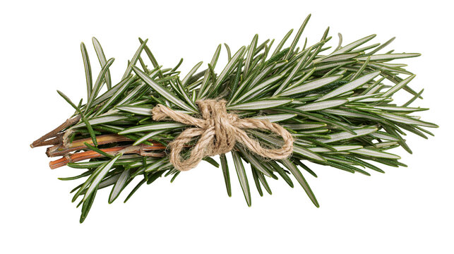 Isolated fresh rosemary sprigs tied with natural rustic twine, aromatic herb for cooking