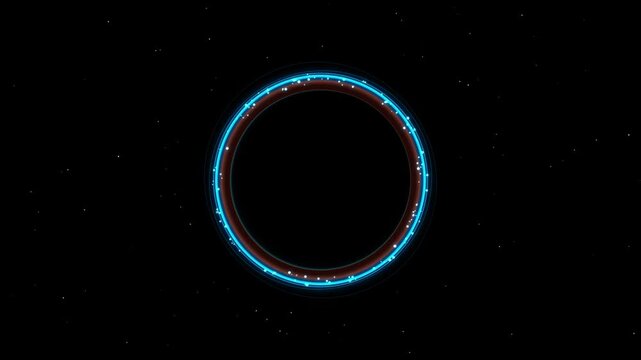 Glowing neon circular portal with particle effects on dark space background