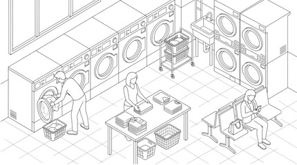 Fototapeta premium Isometric Outline Vector Illustration of a Busy Laundromat Interior with People Washing and Folding
