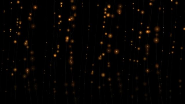 Golden particle rain overlay: abstract glowing light streaks on black background, for motion