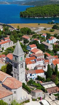 Osor City Panorama On Cres Island, Croatia,  Beautiful Summer Day. Aerial Views Show The Historic Old Town, Sunny Beaches, Sailing Yachts, Marina Harbor, Nearby Campsites Mediterranean Adriatic Coast