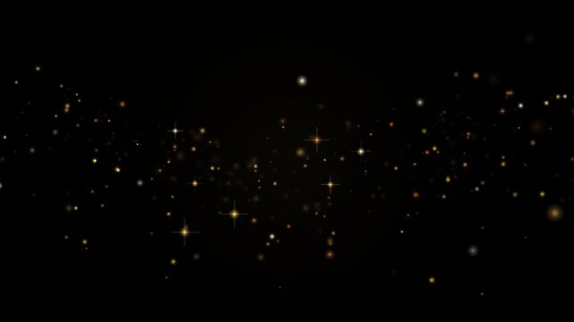 Golden glitter particles floating on black background: motion overlay for