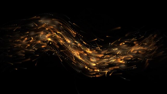 Golden particle wave motion abstract background, with glowing light, streaks and bokeh effects