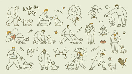 Fototapeta premium Hand drawn walk the dog icon set, minimalist line art people with pets, cute doodle collection of dog walking activities and pet care