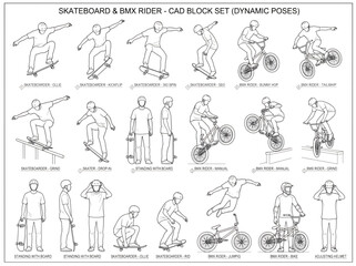 Naklejka premium CAD Block Set of Skateboard and BMX Rider Silhouettes in Dynamic Action Poses