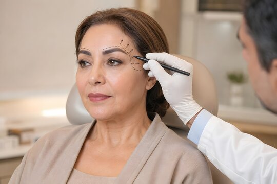 Plastic surgeon marking temple area of mature Middle Eastern woman for temporal lift