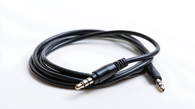 Coiled black audio cable with gold plated connectors on a clean white background for sound system and music instrument device connection
