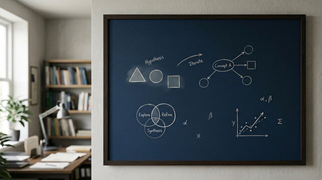 Blue chalkboard with hand-drawn research diagrams and formulas in a cozy study room, back to school academic concept.