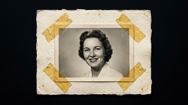 Vintage black and white portrait of a smiling woman taped to handmade textured paper on a black background