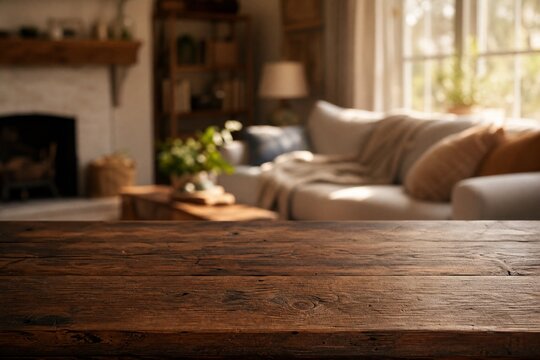 Empty rustic brown wooden tabletop for product placement mockup with blurred cozy living room background
