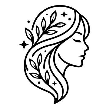 Elegant Woman Profile with Botanical Hair Vector