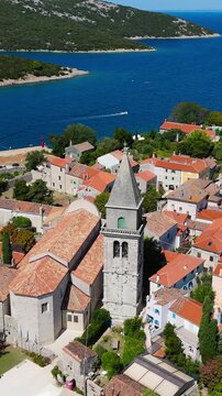 Osor City Panorama On Cres Island, Croatia,  Beautiful Summer Day. Aerial Views Show The Historic Old Town, Sunny Beaches, Sailing Yachts, Marina Harbor, Nearby Campsites Mediterranean Adriatic Coast
