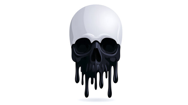 Creepy human skull graphic with dark black liquid melting down from the eye sockets on white background for Halloween festival poster
