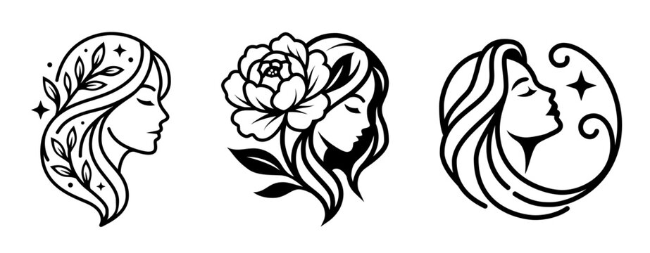 Elegant Woman Profiles with Floral Hair Vector Set