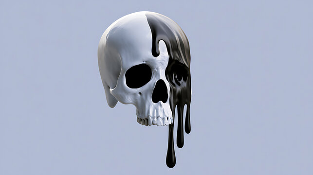 A white human skull sculpture covered in dark black liquid paint dripping down, isolated on simple clean light gray studio background view
