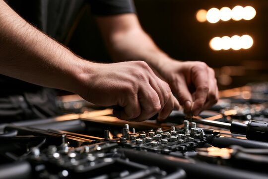 Audio technician connecting sound cables into a professional sound mixing board
