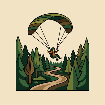 Adventure Paragliding Above Lush Evergreen Forest Trail